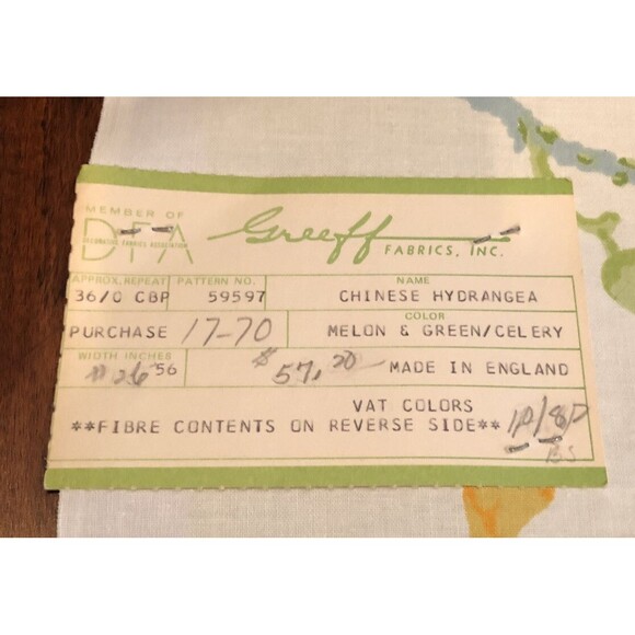 Vintage Fabric Swatch Greeff Chinese Hydrangea England NEW Old Stock 1976 - Picture 5 of 9